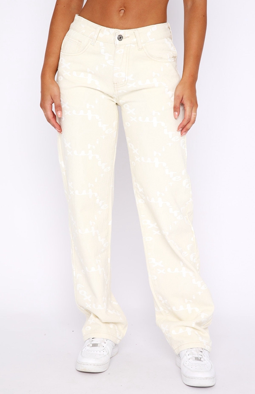 White Fox Catch Me Out Mid Rise Straight Leg Printed Denim Jeans Dames Room | CLYB-05381