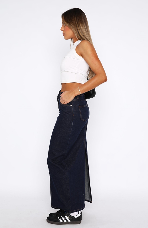 White Fox Never Lose Denim Maxi Rokken Dames Blauw Indigo | JXDF-81394