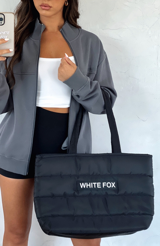 White Fox Puffer Tote Dames Zwart | OTVF-58036