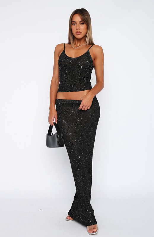 White Fox Star Shining Sequin Knit Maxi Rokken Dames Zwart | QCMS-57613